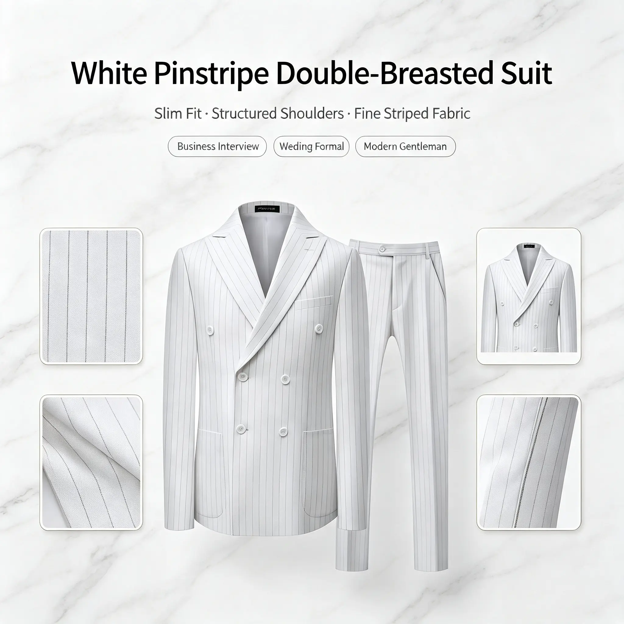 Men’s 2 Piece Slim Fit Pinstripe Suit  Double Breasted Blazer & Matching Dress Pants, Multiple Color & Stripe Options, Ideal for Business Work, Job Interview, Wedding Ceremony, Prom Night, Corporate Events and Formal Occasions for Modern Gentlemen