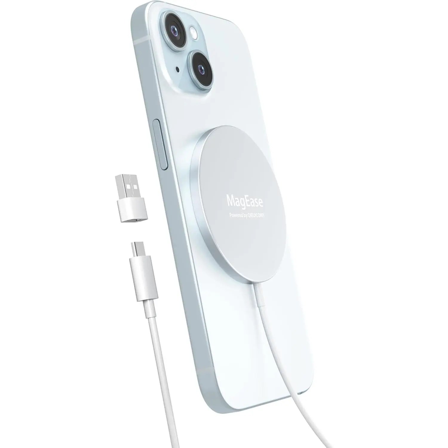 MagEase Magnetic Phone Charger - 15W Fast Charge Wireless Charging Pad, Compatible with iPhone Series & AirPods 3/2/Pro, Includes USB-C Cable & USB-A Converter (White)