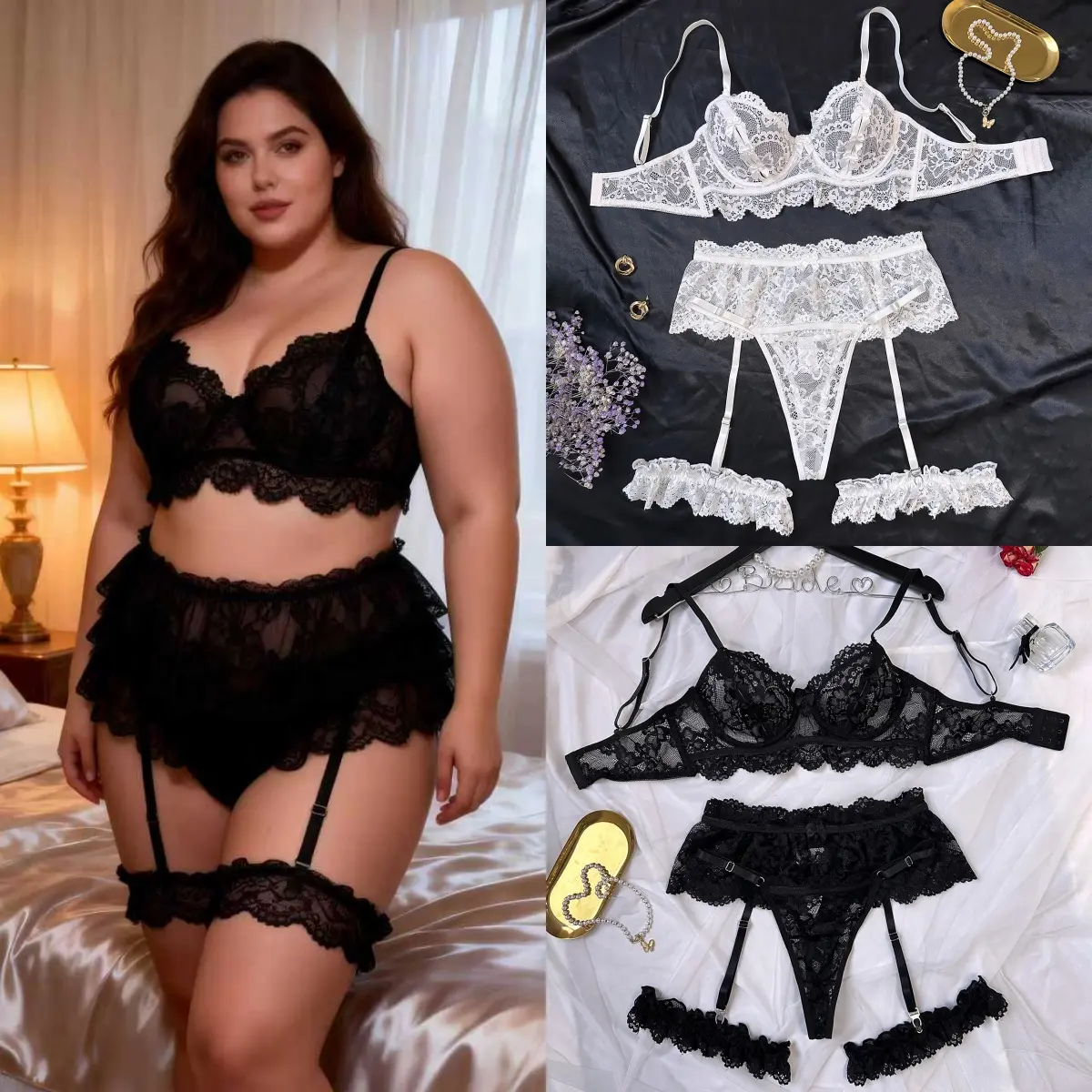 Women’s Plus Size fashion 5 Piece Boudoir Lingerie Set, Mesh Lace Corset Bra Adjustable Straps, Removable Lace Thigh Garters, Elegant Date Night & Anniversary Intimates Multi Size Fit SummerVibes, Lingerie For Women, minimalist style basic womenswear, Nyl