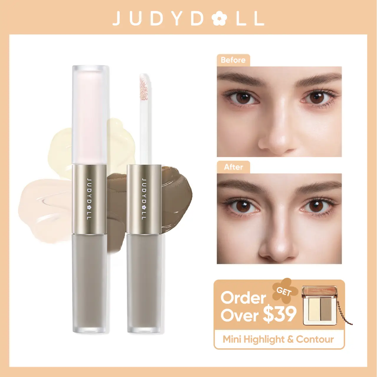 JUDYDOLL Liquid Highlighter & Contour Duo, Perfect For Cool Tones, Buildable, Ultra-Blendable Contour, Dual-Ended Highlighter Liquid & Contouring Liqu