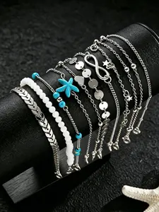 10 Pcs Women's Ankle Chains, Boho Style, Butterfly Rhinestone, Starfish Shell Heart, Casual Party Wedding Gift, All Seasons, Anklets, Trendy Fashionable Accessories, Trendy Jewellery Accessories