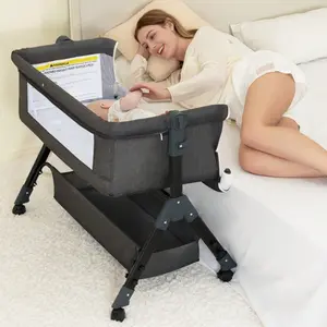 3-In-1 Baby Crib,Bedside Bassinet For Baby,Bedside Crib, Baby Crib With Storage Basket And Mosquito Net, Easy To Fold Bedside Adjustable Height Portable Crib For Infant/Baby/Newborn And Not Tiltable,Baby Need,Baby Stuff, Essential For New Mothers