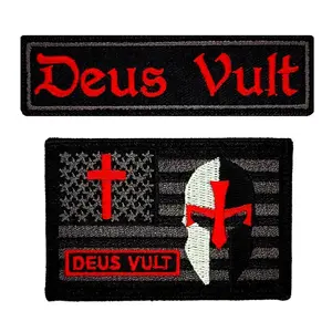 Deus Vult USA Flag Cross Christian in God Wills Patch [2PC Bundle - Hook Fastener -MTB35-R/B]