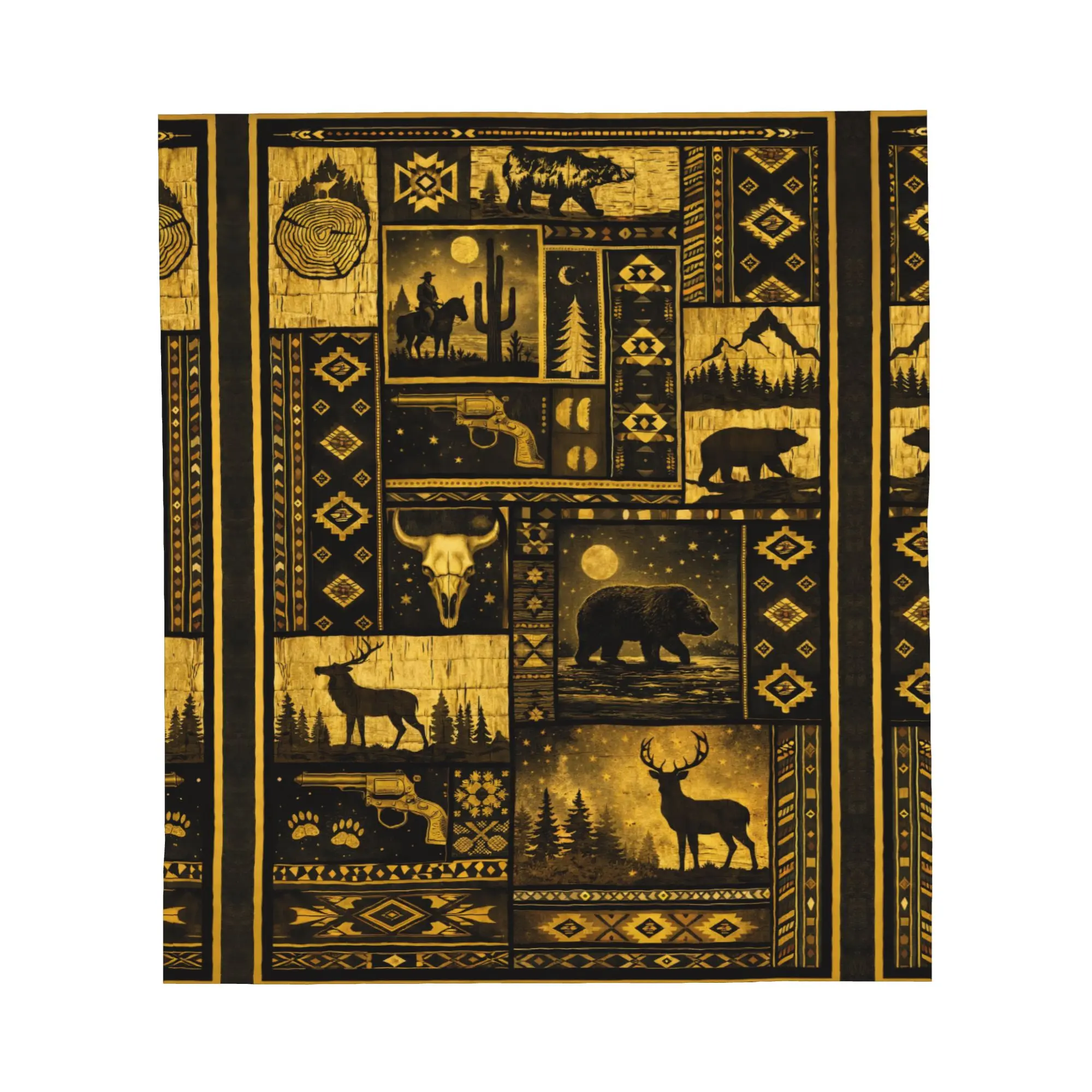 Vintage Western Wildlife Fleece Blanket - Rustic Cowboy Aztec Tribal Print, Gold Black, Cozy Cabin Decor for Bedroom, Camping & Hiking Sleeping Gear
