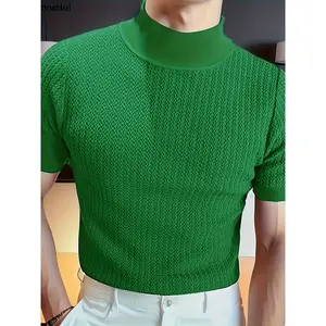 Mens Slim Fit High Neck Solid Color Short Sleeve Knit T-Shirt - Breathable Slight Stretch Fabric, Pullover Design, European-Inspired Casual Style - Perfect for Summer Daily Wear