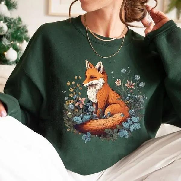 Cute Fox Sweatshirt, Flower Fox Sweatshirt, Forestcore Sweatshirt, Animal Sweater, Fairycore Sweatshirt, Floral Fox Sweatshirt, Fox Hoodie