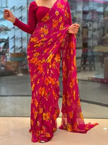 Chiffon Printed Saree - Elegant Lightweight Floral & Geometric Design for Casual & Semi-Formal Occasions, Soft Sheer Fabric, Flowy Drape, Perfect for Parties & Festive Gatherings - Womenswear