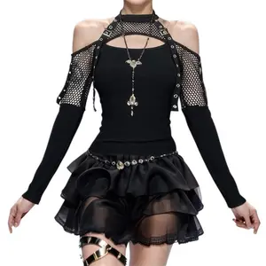Punk T Shirt for Women - Cold Shoulder Long Sleeve, Black Crew Neck Fishnet Buckle Cutout Top Tee, Goth Harajuku for Going Out Streetwear