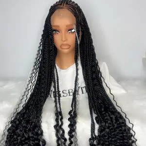 Boho Cornrows Fiber Synthetic Full Lace Cap 30inch Black Hair Extension with Curly Tips for Boho Style