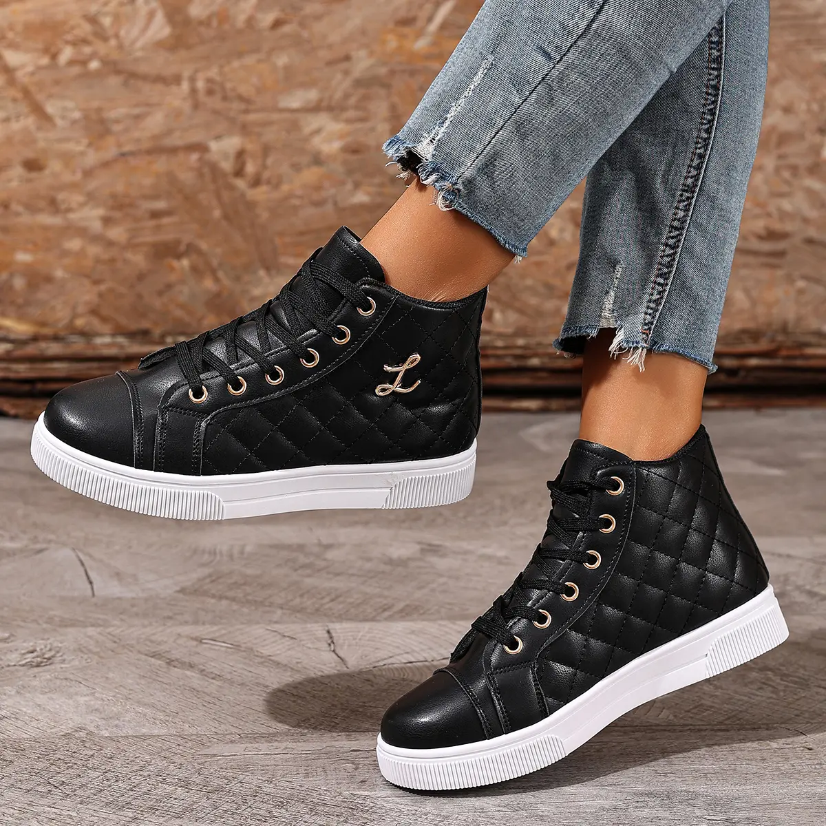 Women's High-Top Walking Shoes, Solid-Color Casual Lace-Up Sneakers, Comfortable Flat Athletic Footwear for Daily Wear