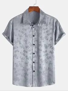 Men's Floral Jacquard Satin Short Sleeve Shirt, Casual Stylish Fitted Shirt, Regular Fit Casual Elegant Classy Soft Comfy Button Front Collared Top for Summer, Fashion Men's Clothes for Daily Wear