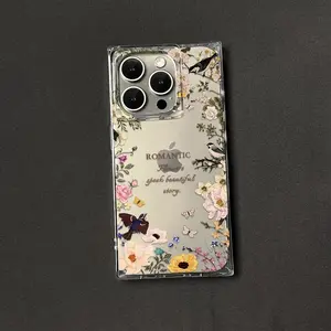 1 piece Fashion square design cute colorful ins style floral print anti-drop shockproof full cover mobile phone case for girls suitable for iPhone17 16pro Max/16pro/16plus/16/15/14/13/12 cute and fashionable Halloween Valentine's Day Christmas gift