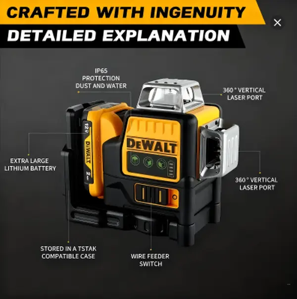 12V DEWALT DW089LG Green Laser Level - 12-Line 3×360° All-Round Coverage, Vertical & Horizontal Auto Self-Leveling, High Accuracy Rechargeable Professional Layout Measuring Tool for Indoor & Outdoor Construction campingessentials