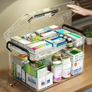 Waterproof Dual-Layer Medicine Clear Storage Box with Transparent Lid and Handle, Multi-Compartment Organizer for Home, Bedroom, Bathroom, Office
