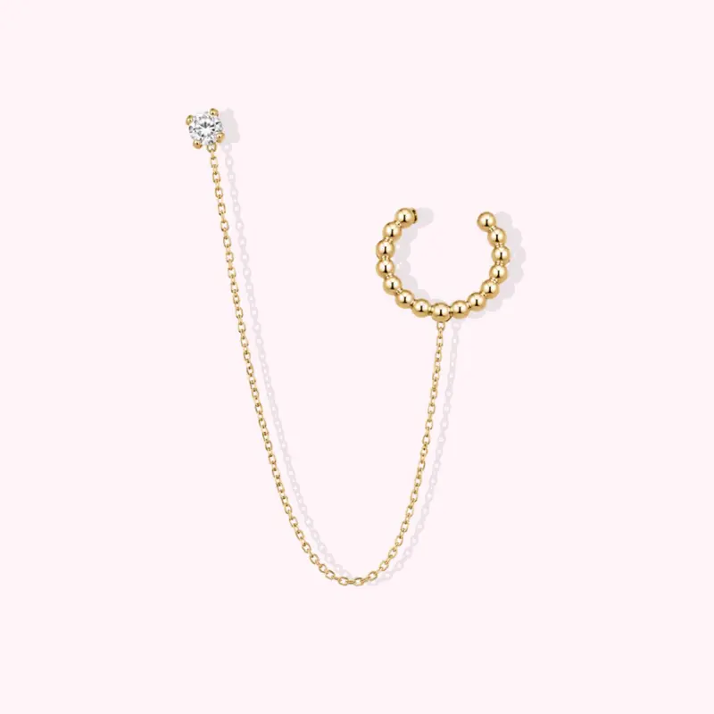 14K Solid Gold Ear Cuff Chain Earrings
