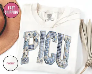 PICU Faux Patchwork Shirt, Preppy College Shirt, Faux Embroidery Floral Tee, Varsity Aesthetic Shirt, Trendy Graphic Tee