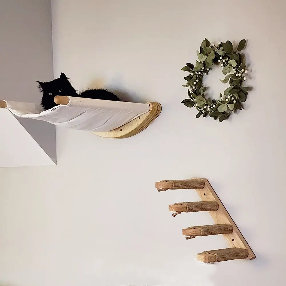 Cat Wall Furniture 2-Piece Set - Wood Wall-Mounted Stairs Hammock Climbing Frame with Sisal Rope Scratching Surface, Universal Neutral Space-Saving Home Decoration for Cat Climbing & Resting
