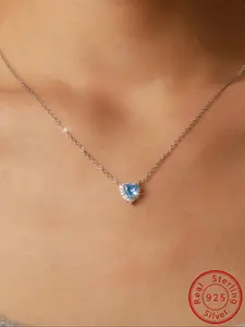 1 S925 Sterling Silver Chain Necklaces Sweet Elegant Heart Shaped Zircon Pendant Necklace For Women Birthday Gift Valentine Day Gift Love Heart Necklace