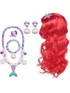 Princess Little Mermaid Costume Set for Girls, Wig & Rainbow Shell Accessories, Perfect for Beach Pool Birthday Parties
