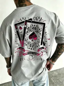 Oversized Spade Pattern T-shirt for Men, 2026 Summer Street Style Poker Printed T-shirt, Retro Y2K Harajuku Casual Cotton Top, Hip Hop Street Style Short Sleeve, Casual Daily Wear