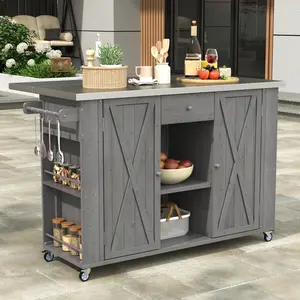 Outdoor Kitchen Island Fir Wood Kitchen Island with Stainless Steel Top, Ample Storage Space, Towel and Spice Racks and A Bottle Opener for Outdoor