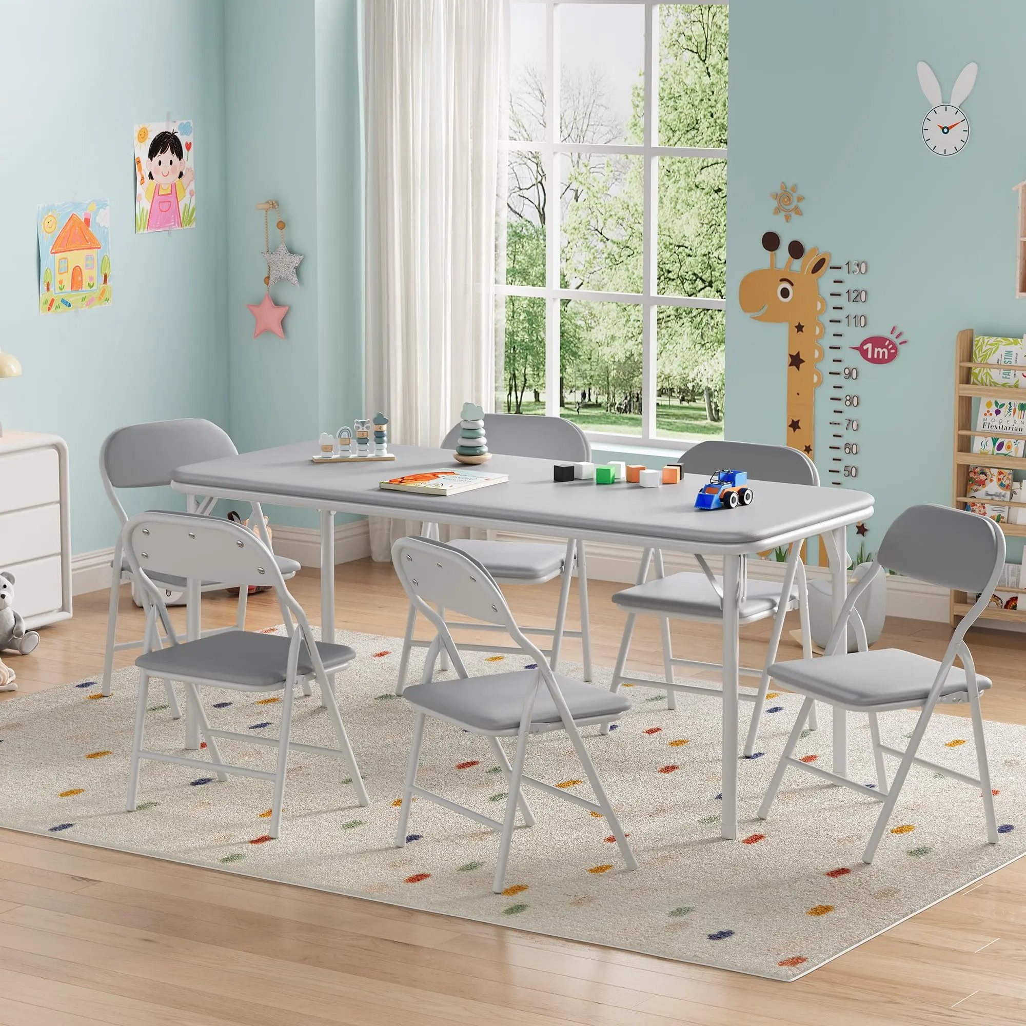 Garvee 7 Piece Folding Table and Chairs Set with Ultra Soft Padded Cushions, Portable Activity Set for Toddlers, Perfect for Classrooms, Dining Rooms, and Daycare Use