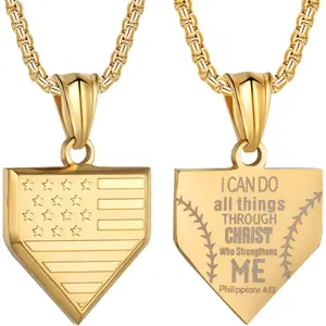 Baseball  Plate Necklace for Men  Flag Shield Pendant Stainless Steel Chain 22+2 inch Inspirational Patriotic  Personalized Baseball  for Boys