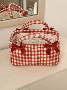 Plaid quilted storage basket, bow-embellished storage bag with floral lining, multi-purpose desk storage bag for makeup and daily essentials