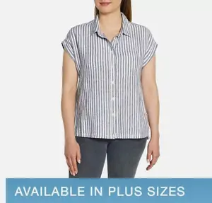 Orvis Ladies' Size XXL (18-20) Short Sleeve Linen Blend Shirt, Blue Stripe
