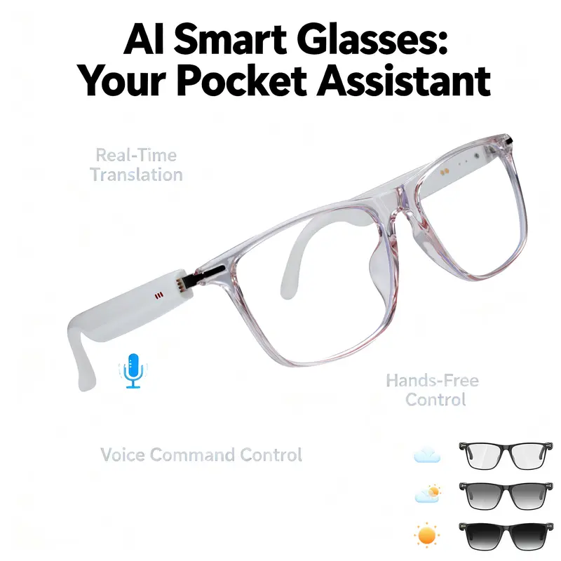 Unisex Adult Multifunctional AI Smart Glasses - Wearable Tech-Inspired Frame, Wireless Audio Glasses, Bluetooth, Open-Ear Audio, Hands-Free Voice Calls, Real-Time Translation, Built-In Mic & Speakers, Portable Travel-Ready for Work