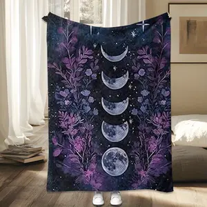 Gothic Dark Moon Phases Blanket Celestial Witchy Aesthetic Lunar Cycle Flannel Fleece Throw Mystical Astrology Room Decor Soft Warm Plush Cozy Bedding Couch Sofa