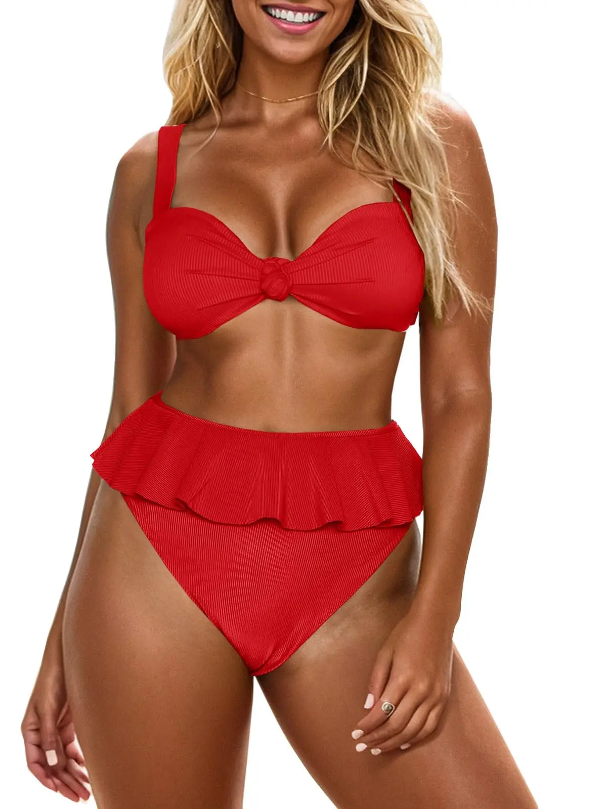 FISOEW Women's 2-Piece Vintage Bikini Set, High Rise Ribbed Swimsuit with Ruffled Bottom and Twist Knot Top with Adjustable Straps, Bikini Bottom, High Rise Swimwear, Bathing Suit, Ruffled Bottom Adds Retro Charm