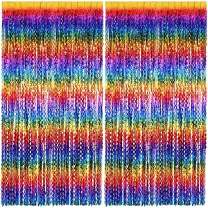 2 Pack Colorful Wavy Foil Fringe Curtain Backdrop, 3.3 X 6.6 Ft Rainbow Wavy Fringe Curtains, Colorful Streamer Shiny Metallic Tinsel Iridescent Streamers for Birthday Party Streamers Photo Booth