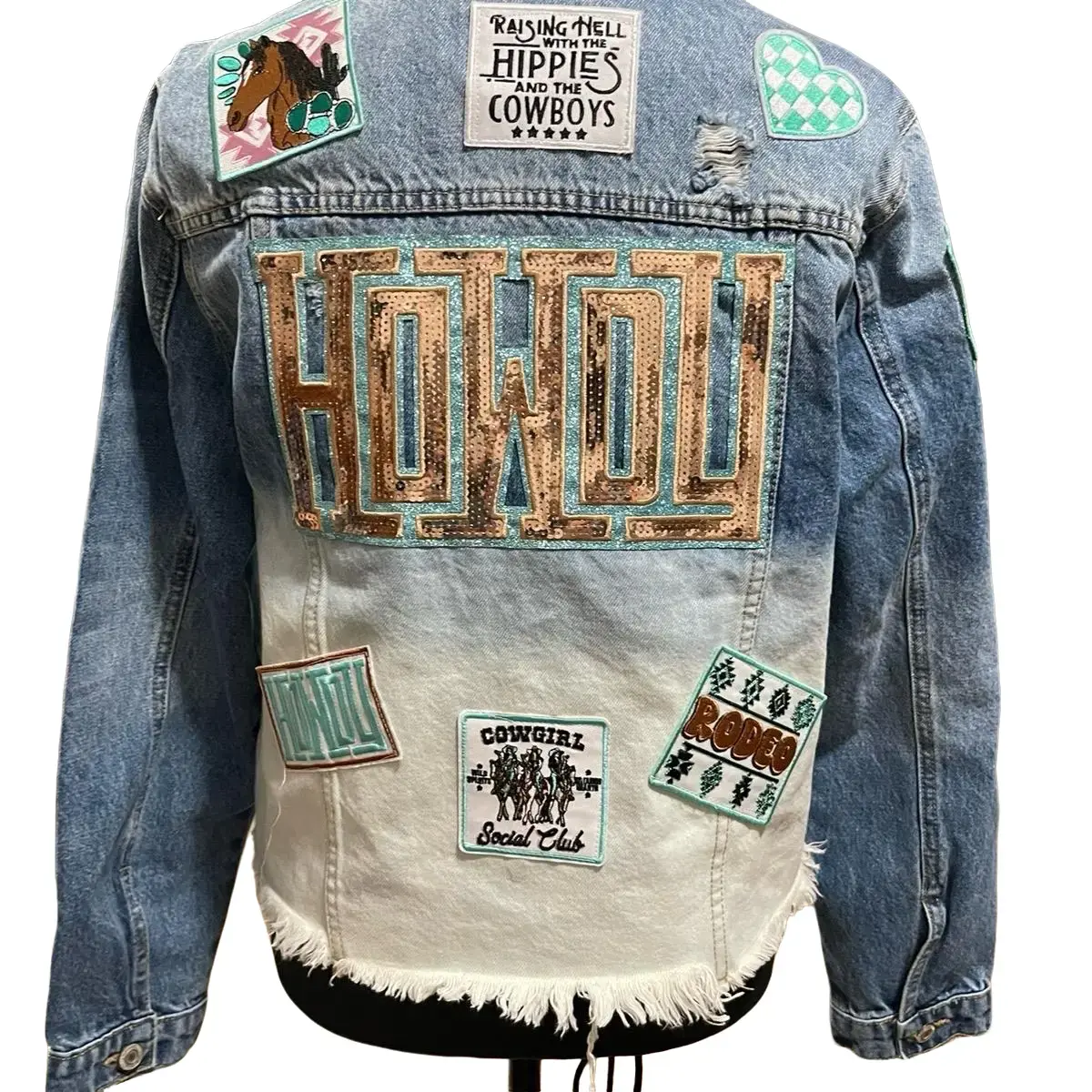 HOWDY Women's Ombré Western Patch Denim Jacket in Turquoise & White - Womenswear, Coats