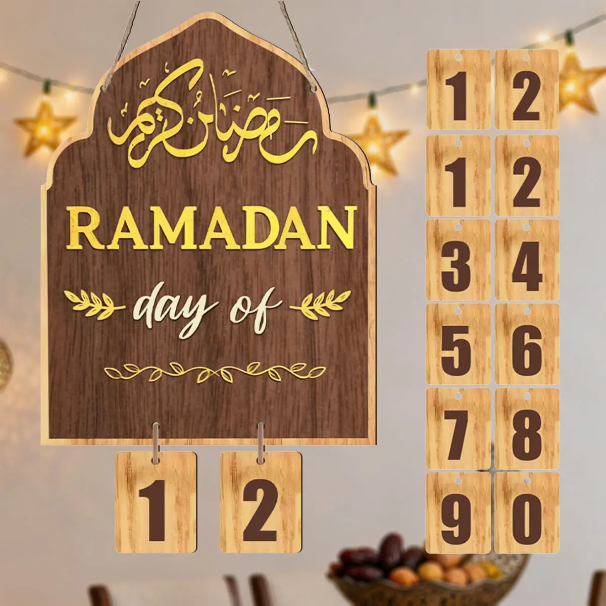 Ramadan Kareem Lamp Pattern Wooden Countdown Decor, Eid Mubarak Hanging Ornament, Arab Festival Home Wall Accent, Living Space Enhancement