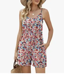Loose Adjustable Spaghetti Strap Pink Red Floral Jumpsuits with Pockets Outfit Sleeveless