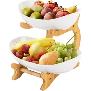 2 Tier Fruit Basket, Detachable Fruit Basket Rack Ceramic Bread Vegetable Bowl Stand Fruit Holder for Home Kitchen Bathroom Bamboo Organiser
