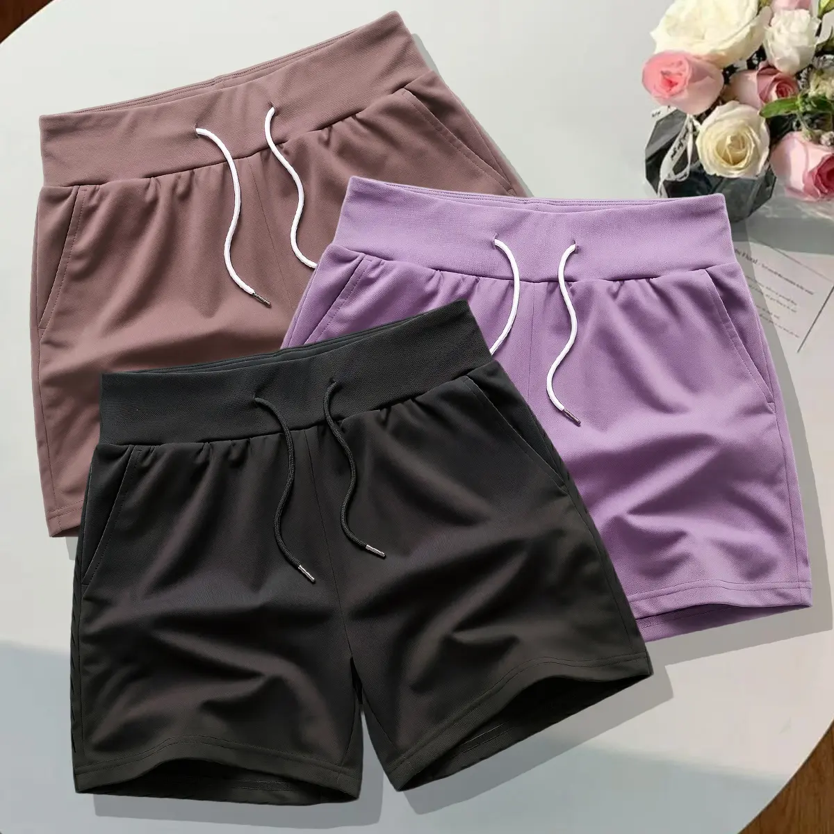 Women’s summer shorts set (3 pieces), suitable for casual sports and everyday activities; solid color, drawstring waist, women’s shorts.