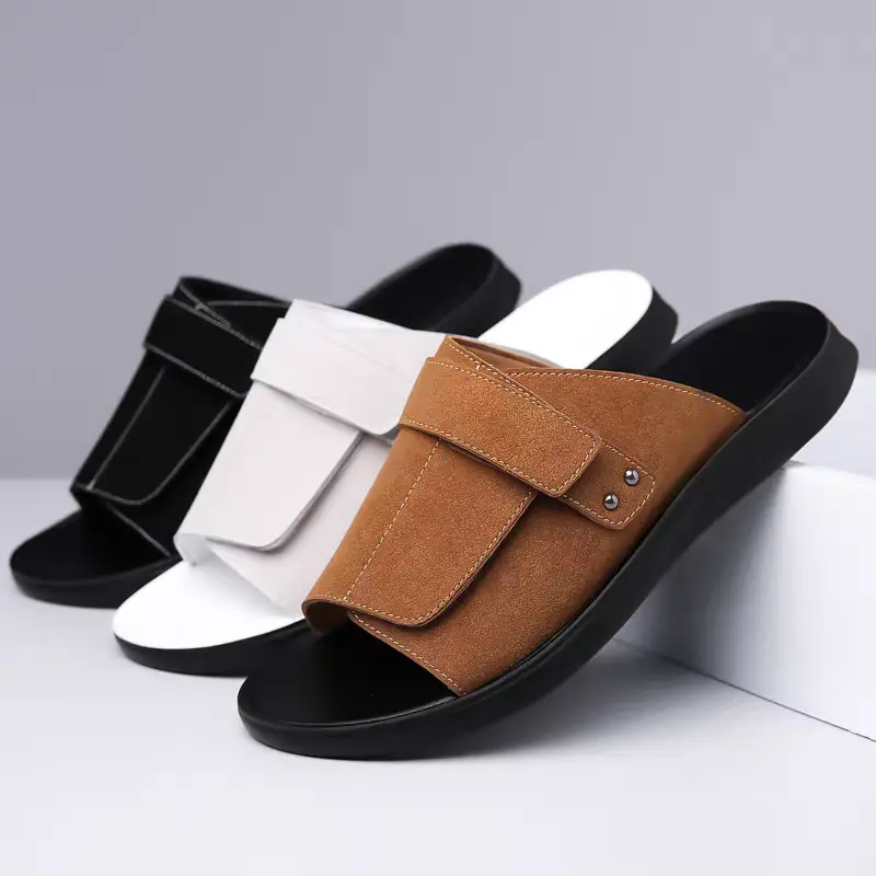 DINAOR Men's Casual Designer Sandals, Comfortable PU Slip-On Footwear with Soft Insoles and an Anti-Skid Rubber Sole for Outdoor Beach Wear, Black, Ankle Men's Sandals, Easy For Daily Casual Wear