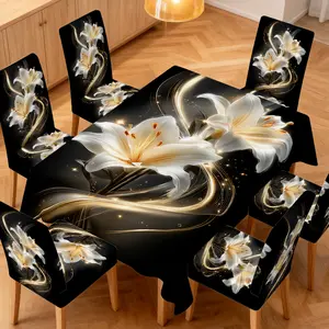 4/5/6/7pcs Lily Spiral Dining Chair Slipcover And Tablecloth Set, Easy to Install & Clean, Fits Dining Room, Parties, Kitchen, Indoor Use, Picnics, Festival Decor, All Seasons & Gift