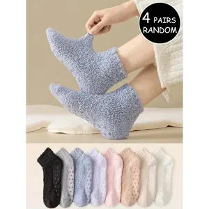 4 Pairs Random Plush Anti-Slip Socks, Soft and Cozy Fuzzy Socks for Comfortable Wear, Perfect for Daily Use and Casual
