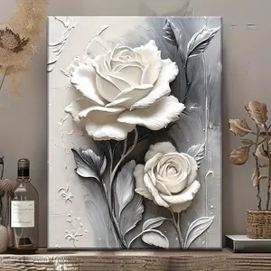Elegant White Rose Canvas Art - Modern Floral Wall Decor, Abstract Black & White Flower Painting for Living Room, Bedroom, Office - Framed & Ready to Hang, High-definition Printing, Cream Style, Halloween & Thanksgiving & Christmas, Coffee Shop & Library