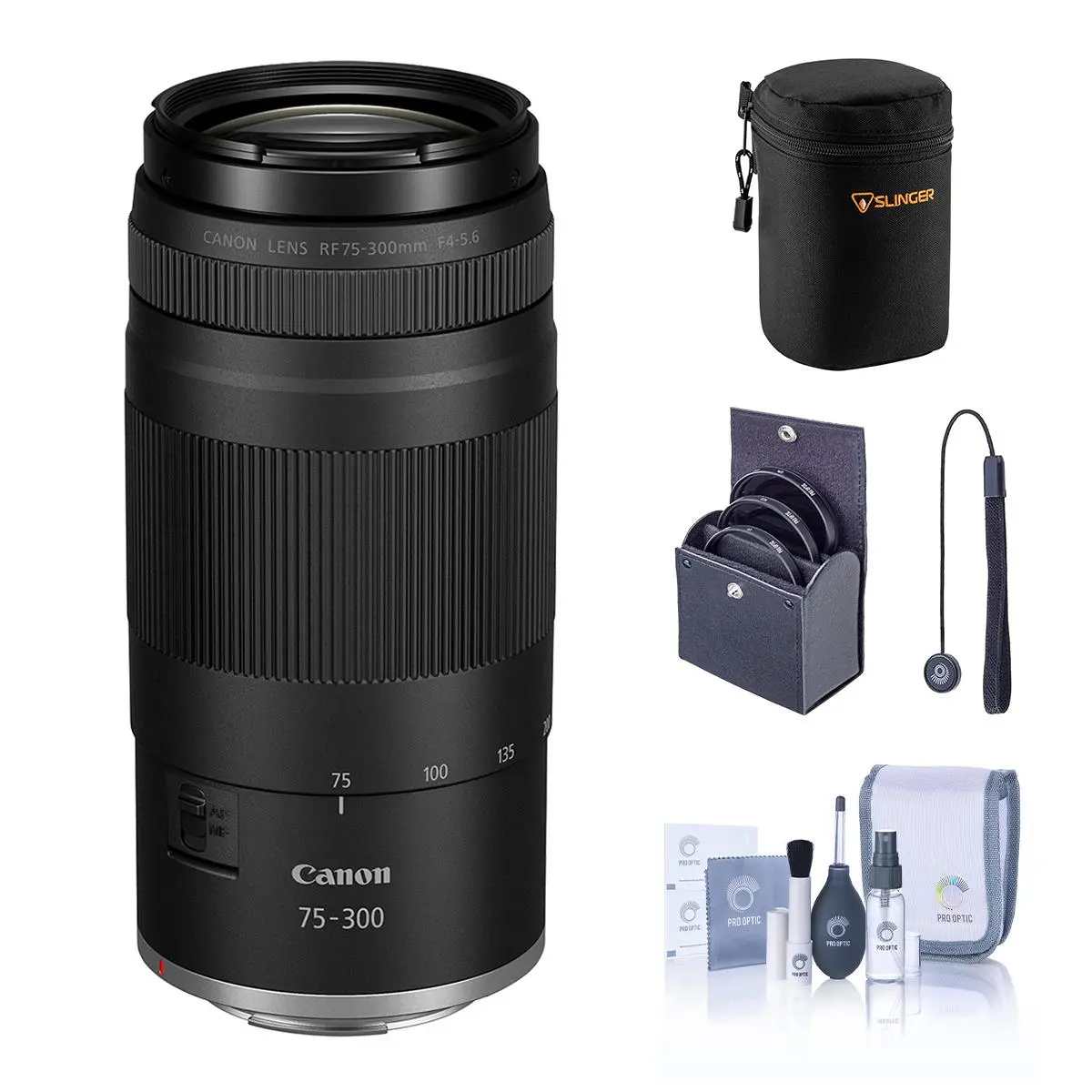 Canon RF 75-300mm f/4-5.6 Lens, Black, Bundle with 58mm Filter Kit, Lens Case, Cleaning Kit and Lens Cap Tether