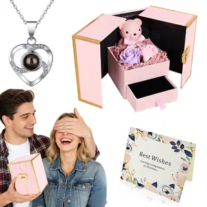 Soap flower gift box with heart-shaped pendant necklace, portable square jewelry box set, suitable for Valentine's Day, Mother's Day, weddings, and birthday gifts.