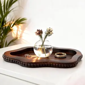 Cloud Wooden Decorative Tray with Bead,Small Beaded Tray Coffee Table Decor Large Vintage Cloud Storage Ottoman for Coffee Table, Dining Room and Living Room Brown