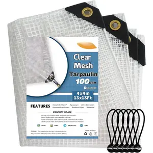 13 x 13Ft Heavy Duty  Tarps Reinforced Mesh Clear Tarp Cover Sheet & 6 count Bungee Balls