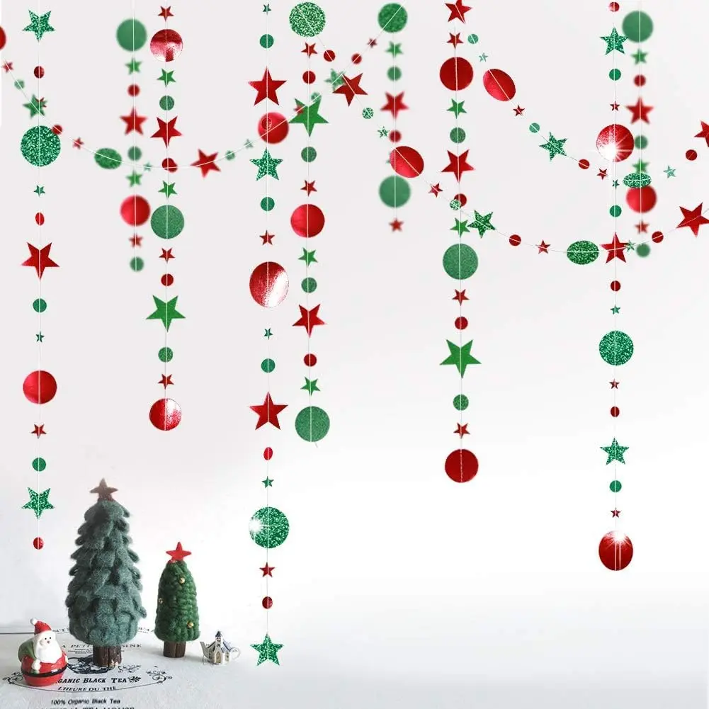 Glitter Red Green Christmas Decorations Hanging Star Circle Garland Banner Backdrop Streamer Ugly Sweater Party Birthday Wedding Xmas Tree Ornaments