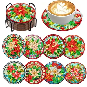 8-Piece Floral Diamond Painting Wooden Coaster Set, DIY Creative Diamond Art Coasters, Perfect Holiday Gift, Unique Home Decor