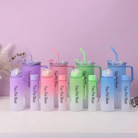AMOCOCO Classic 3-Piece Durable Gradient Reusable Water Bottles Set - 40oz/1,000-2,000ml Washable Plastic Ice King Cup with Straw, Sip Design, Handle, Portable for Car Trips, Outdoor Use (Couple Cup Set Compatible)