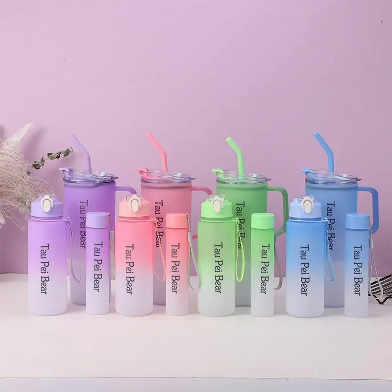 AMOCOCO 3-Piece Reusable Gradient Water Bottle Set - 40oz Large-Capacity Plastic Ice King Handle Bottle, Portable Straw Design for Car Use, Couple-Friendly Option